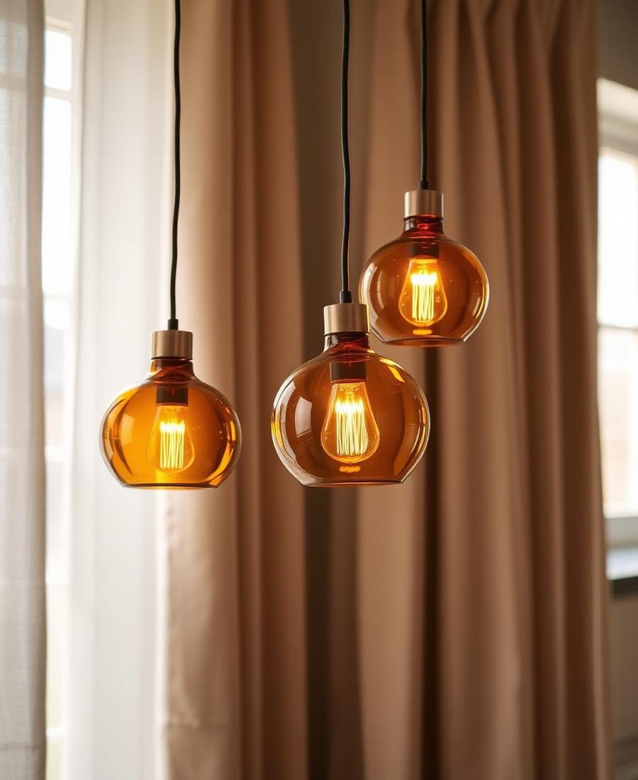 Amber glass pendant lights in a warm interior